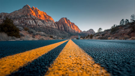 Eye-Level Shot of Asphalt Road with Yellow Lines Leading to Desert Mountains Under Clear Blue Skyの素材