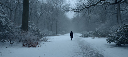 Serene Winter Wonderland A Tranquil Path Through Snow-Covered Woods Inviting Peaceful Solitudeの素材