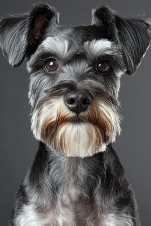 Charming Miniature Schnauzer Posing Elegantly in a Studio Portrait, Close Up on Grey Backgroundの素材