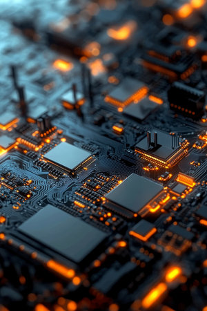 Illuminated quantum processor architecture showcases the future of fintech and electronic systems.の素材