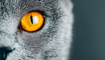 Charming British Shorthair Cat with Striking Yellow Eyes Posing Against a Soft Gray Backgroundの素材