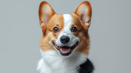 Charming Pembroke Welsh Corgi Canine Companion with Heartwarming Expression on Gray Backgroundの素材