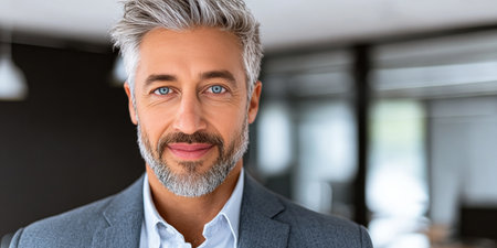 Confident mature businessman with gray hair in a professional office, showing leadership qualities.の素材