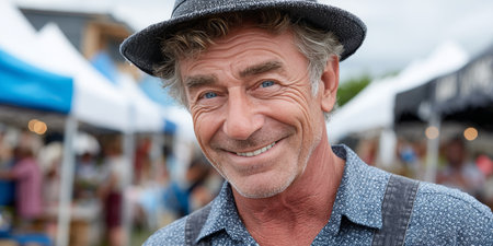 Charming man smiles at bustling market, showcasing vibrant community spirit and connections.の素材