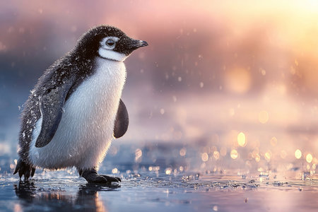 A Fluffy Baby Penguin Waddling on Cold Ice in a Snowy Arctic Landscape, Adorable Winter Wildlifeの素材