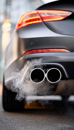 Exhaust Fumes Billowing from a Car, Emphasizing Automotive Emissions and Their Environmental Impactの素材