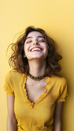 Cheerful Girl in Yellow Dress Against Bright Yellow Background with Joyful Expression and Wavy Hairの素材