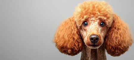 Charming Close-up of a Ginger Poodle with Tender Expression on Gray Background, Ideal for Printsの素材