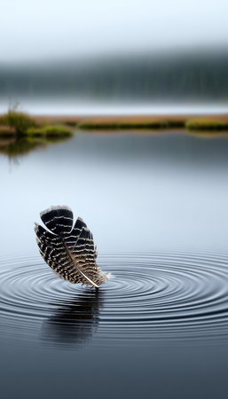 Soft and Delicate Feather Gently Drifting on a Calm Tranquil Lake Surface Creating Serene Ripplesの素材