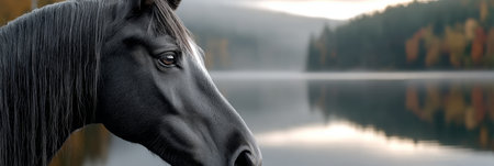 Majestic Black Stallion Reflected in Tranquil Lake at Dawn, Captivating Moody Equine Headshotの素材