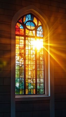 Vibrant Stained Glass Windows Illuminating a Church Interior with Colorful Sunlight Patternsの素材