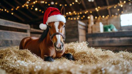 Adorable Horse in Santa Hat Surrounded by Festive Christmas Decorations and Rural Holiday Cheerの素材