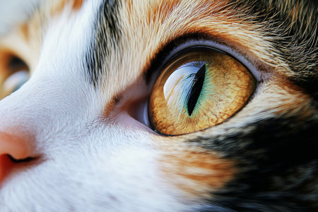 Close-Up of Golden Brown Eye of LaPerm Cat, Showcasing Unique Expressions and Soft Fur Detailの素材
