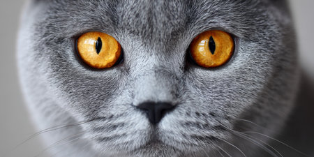 Charming British Shorthair Cat Portrait with Expressive Eyes and Soft Grey Fur Captivating Viewersの素材