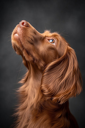 Charming Cocker Spaniel Portrait with Soulful Eyes and Adorable Demeanor Against Grey Backgroundの素材