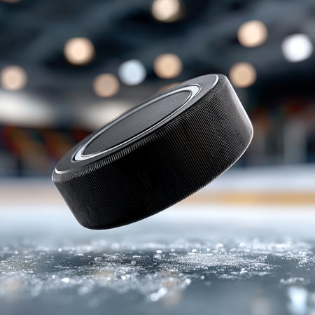 A Flat Rubber Puck Gliding Across a Textured Ice Surface with Blurred Dark Background Lights Shiningの素材