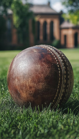 Worn Cricket Ball on Lush Green Grass, Ready for the Next Exciting Match of Skill and Strategyの素材