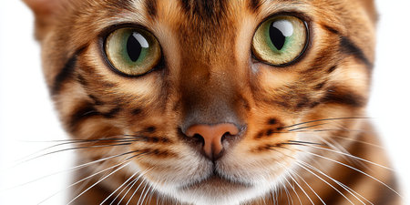 Elegant Bengal Cat Portrait with Striking Green Eyes and Unique Spotted Fur, Close-Up Captureの素材