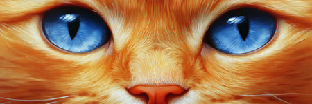 Whimsical orange cat portrait showcasing its striking bright eyes and unique wild coat markingsの素材