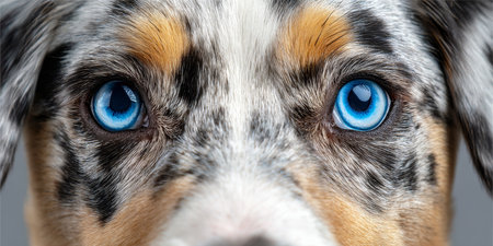 Close-Up of an Australian Shepherd Puppy with Bright Blue Eyes and an Adorable, Soulful Gazeの素材