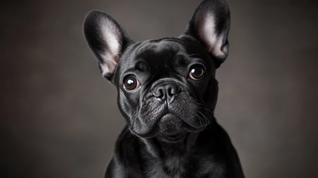 Charming Close-Up of a Shiny, Pure Ebony French Bulldog Against a Simple and Clean Backdropの素材