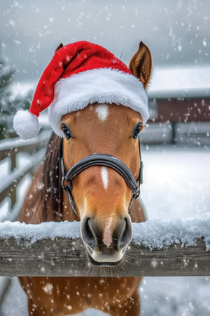 Festive Horse Cheering From Snowy Winter Wonderland, Wearing Santa Claus Outfit and Holiday Cheerの素材