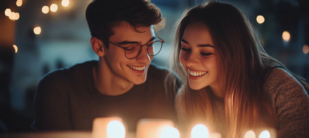 Couple enjoying a candlelit dinner, celebrating love and togetherness in an intimate setting.の素材