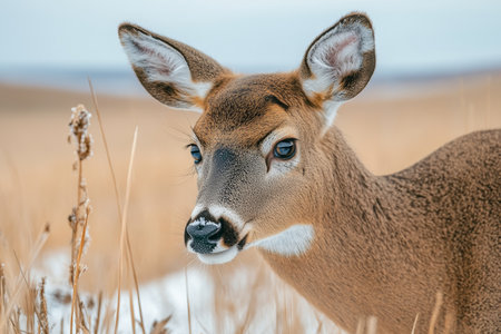 Graceful White Tailed Deer Doe Grazing Peacefully in a Snowy Winter Meadow Surrounded by Natureの素材