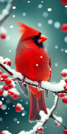 A Northern Cardinal Perched on a Branch in a Serene Winter Landscape with Falling Snowflakesの素材