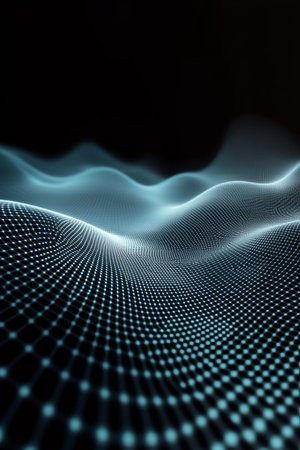 Futuristic Digital Landscape with Neon Nodes and Flowing Waves in a Dark Technology Environmentの素材