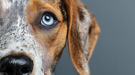 Close-Up Portraits of Adorable Beagle Puppies with Captivating Blue Eyes on a Soft Grey Backgroundの素材