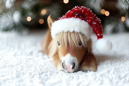 Adorable Festive Miniature Pony Wearing a Santa Christmas Hat for Holiday Greetings and Postcardsの素材
