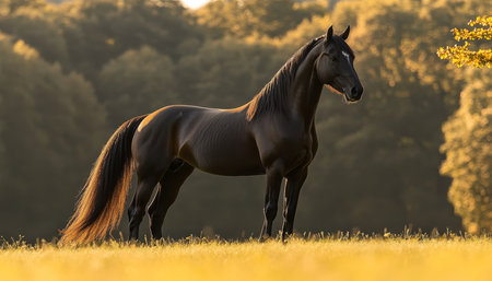 Majestic Arabian Stallion Gracefully Standing in a Golden Meadow Bathed in Warm Sunlightの素材