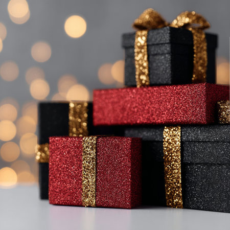Festive New Year Gift Boxes Arrangement with Glittering Details and a Beautiful Bokeh Backgroundの素材