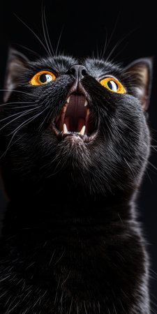 Majestic Black Cat with Striking Yellow Eyes Gazing Upward Against a Mysterious Dark Backgroundの素材
