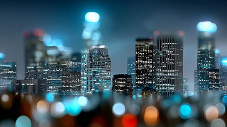 Vibrant Cityscape at Night with Blurred Lights, Highlighting Modern Architecture and Urban Lifeの素材