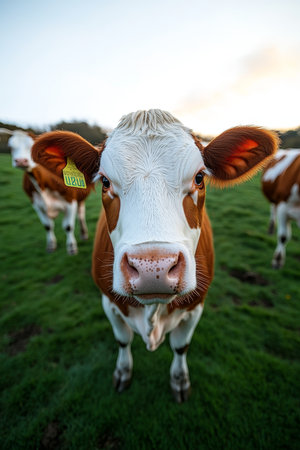 Serene Dairy Cows Grazing Peacefully in a Lush Green Meadow Under Soft Dusk Light at Sunsetの素材