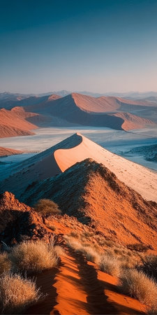 Stunning Namib Desert Sunset with Golden Dunes and Clear Blue Sky, Nature s Majestic Beautyの素材