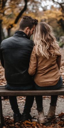 Cozy Autumn Romance A Couple Cuddling on a Park Bench Surrounded by Colorful Fall Leavesの素材