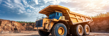 Yellow Mining Dump Truck in Quarry, Heavy Machinery for Material Transport in Construction Industryの素材
