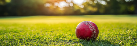 Close-Up Capture of a Cricket Ball Resting on Lush Green Grass Under Clear Blue Sky in a Parkの素材
