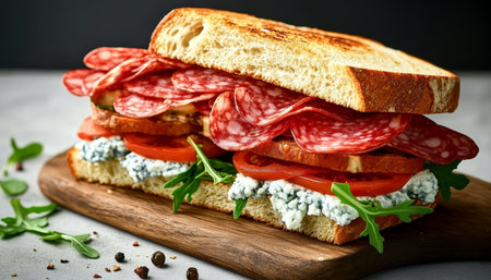 Gourmet Italian Salami Sandwich with Blue Cheese, Arugula, and Fresh Tomatoes on Toasted Breadの素材
