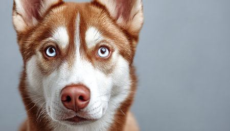 Stunning Red Siberian Husky with Bright Blue Eyes Posing Adorably Against a Soft Gray Backgroundの素材
