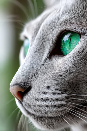 Stunning Portrait of an Australian Mist Cat with Emerald Green Eyes and Soft Grey Fur, Charming Lookの素材