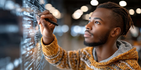 Creative Programmer in Yellow Hoodie Writing Code on Glass Screen, Deep in Thought and Innovationの素材