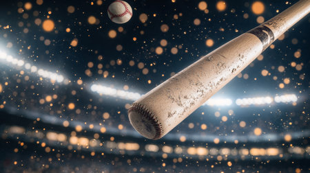 Dynamic Motion of a Baseball Bat Hitting the Ball in a Competitive Sports Scene Under Bright Lightsの素材