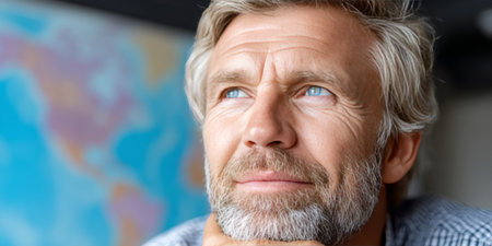 Contemplative elderly man with silver hair, thoughtfully looking at a detailed map of the world.の素材