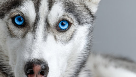 Siberian Husky Portrait with Striking Blue Eyes and Charming Expression on Gray Backgroundの素材