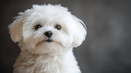 Playful Bichon Frise Puppy with Big Eyes and Fluffy Coat Posing for a Portrait in Studio Settingの素材