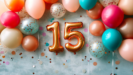 Colorful and Vibrant Fifteenth Birthday Celebration with Golden Balloons, Confetti, and Joyful Decorの素材
